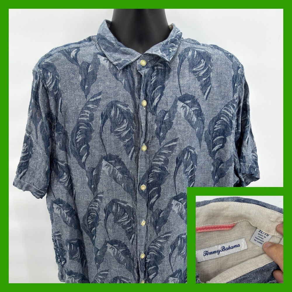 Tommy Bahama Mens XL Blue Linen Tropical Leaf Button Front Beach Camp Shirt